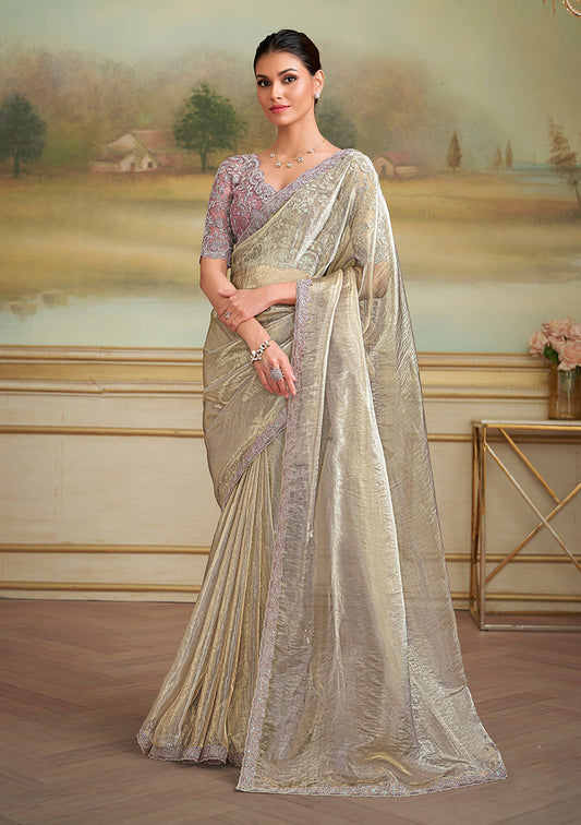 Monjolika Fashion Beige Tissue Georgette Embroidered Border Party Trendy Saree