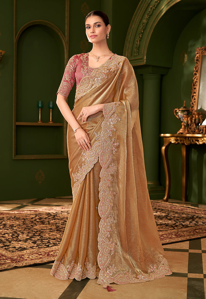 Monjolika Fashion Gold Beige Color Shining Satin Chiffon Silk Saree With Heavy Work Blouse