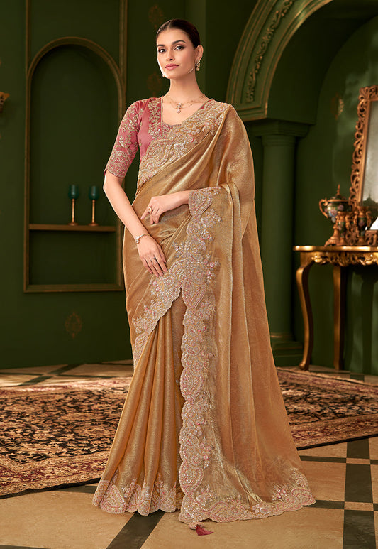 Monjolika Fashion Gold Beige Color Shining Satin Chiffon Silk Saree With Heavy Work Blouse