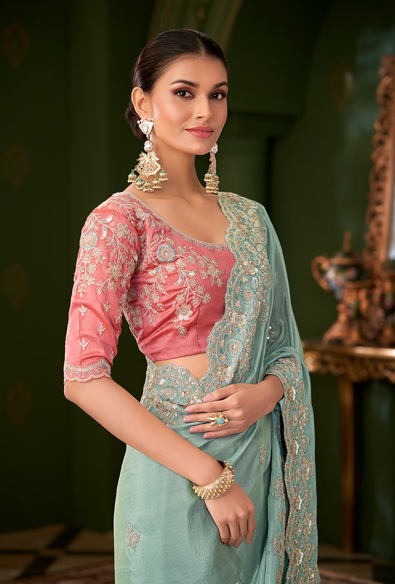 Monjolika Fashion Sky Blue Color Viscose Georgette Silk Saree With Heavy Work Blouse