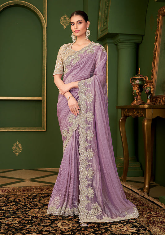 Monjolika Fashion Lavender Color Viscose Georgette Silk Saree With Heavy Work Blouse