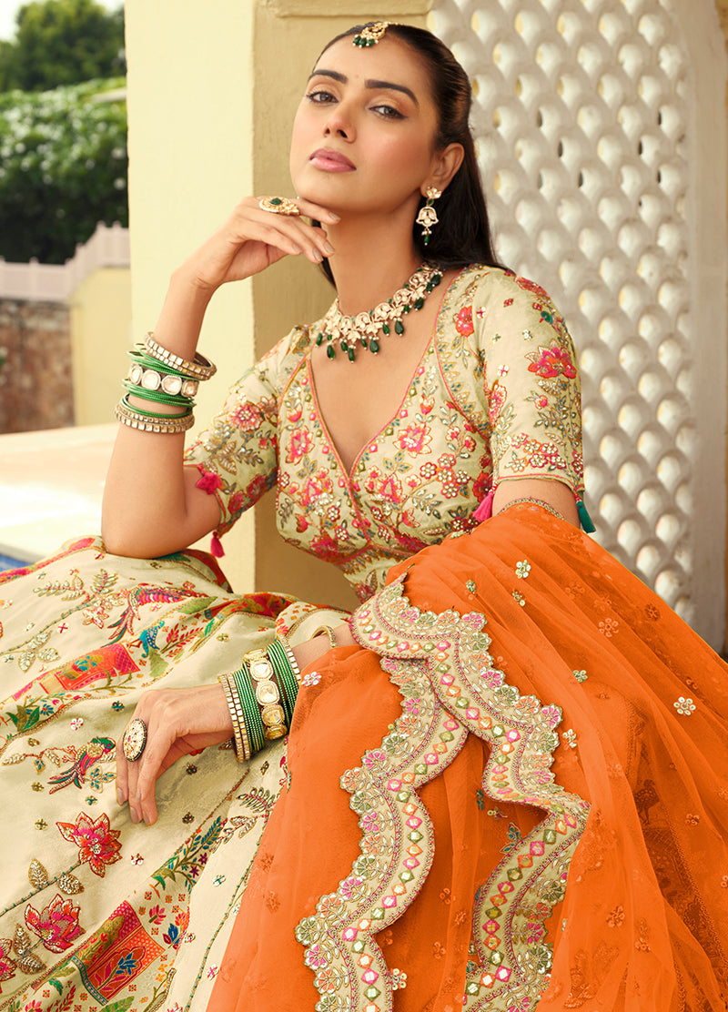 Monjolika Fashion Readymade Lehenga Choli Heavy Work Embroidered Silk In Cream