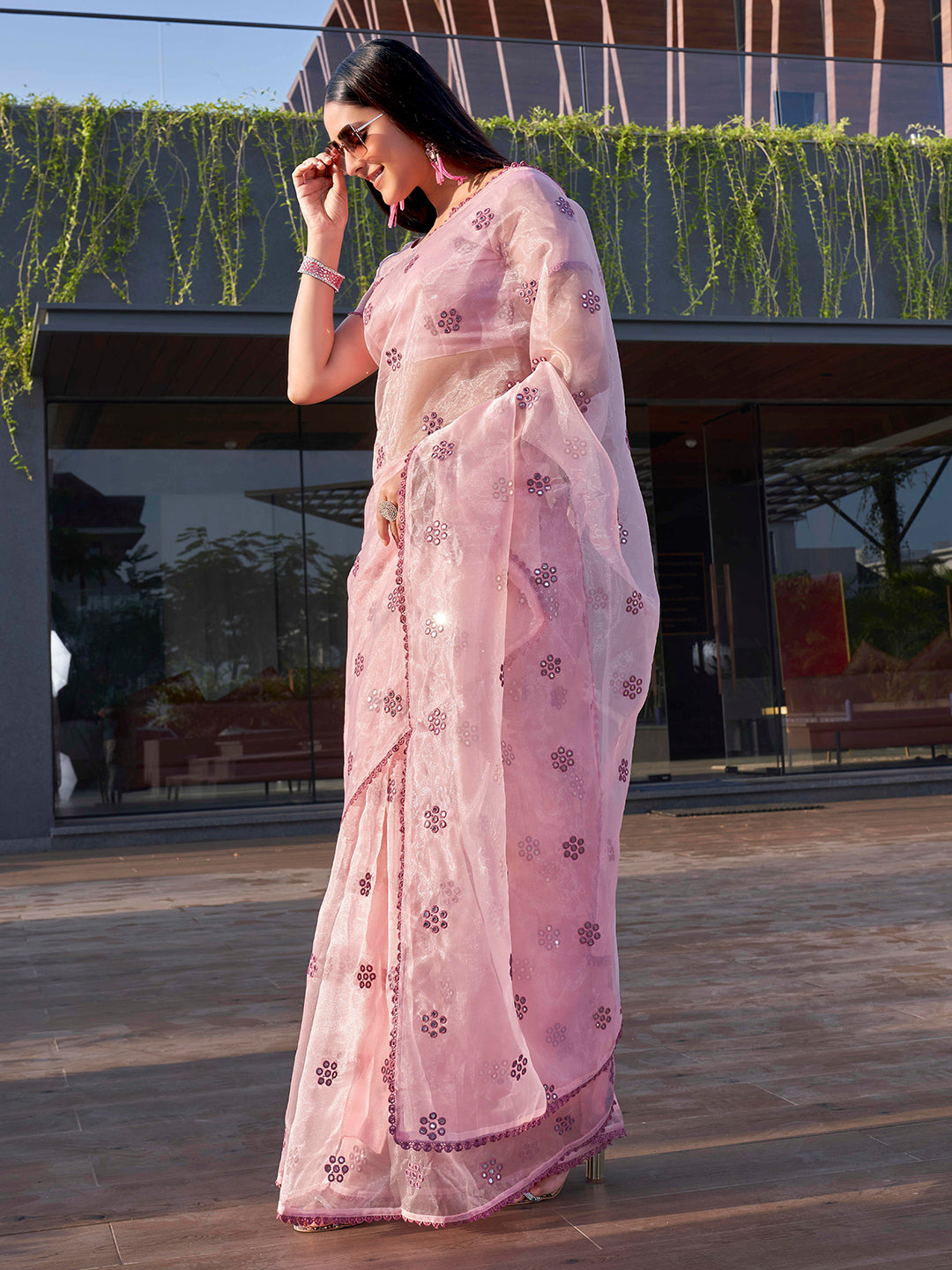 Tikhi Imli Floral Mirror Work Organza Grab2Buy 
