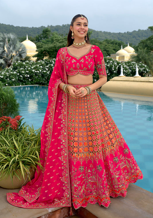 Monjolika Fashion Rani Pink Designer Embroidered Work Fancy Silk Wedding Lehenga Choli