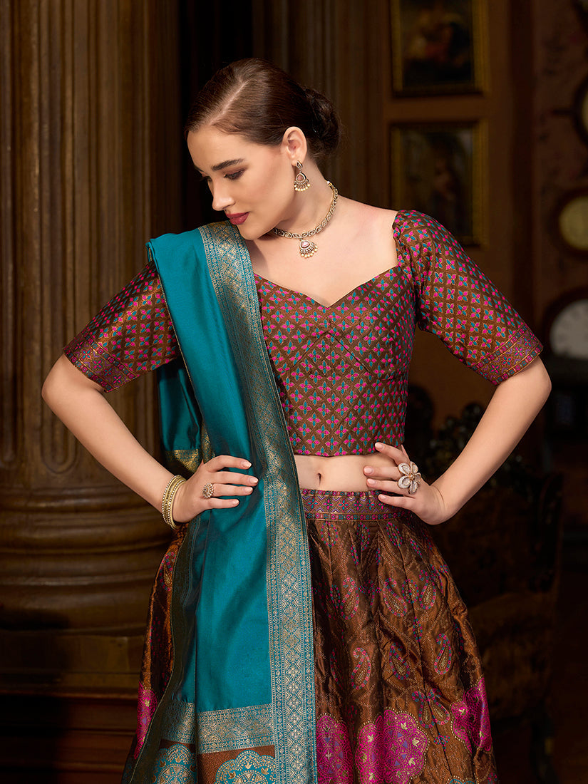 Monjolika Fashion Brown Color Kanjivaram Silk Jacquard Designer Lehenga Choli