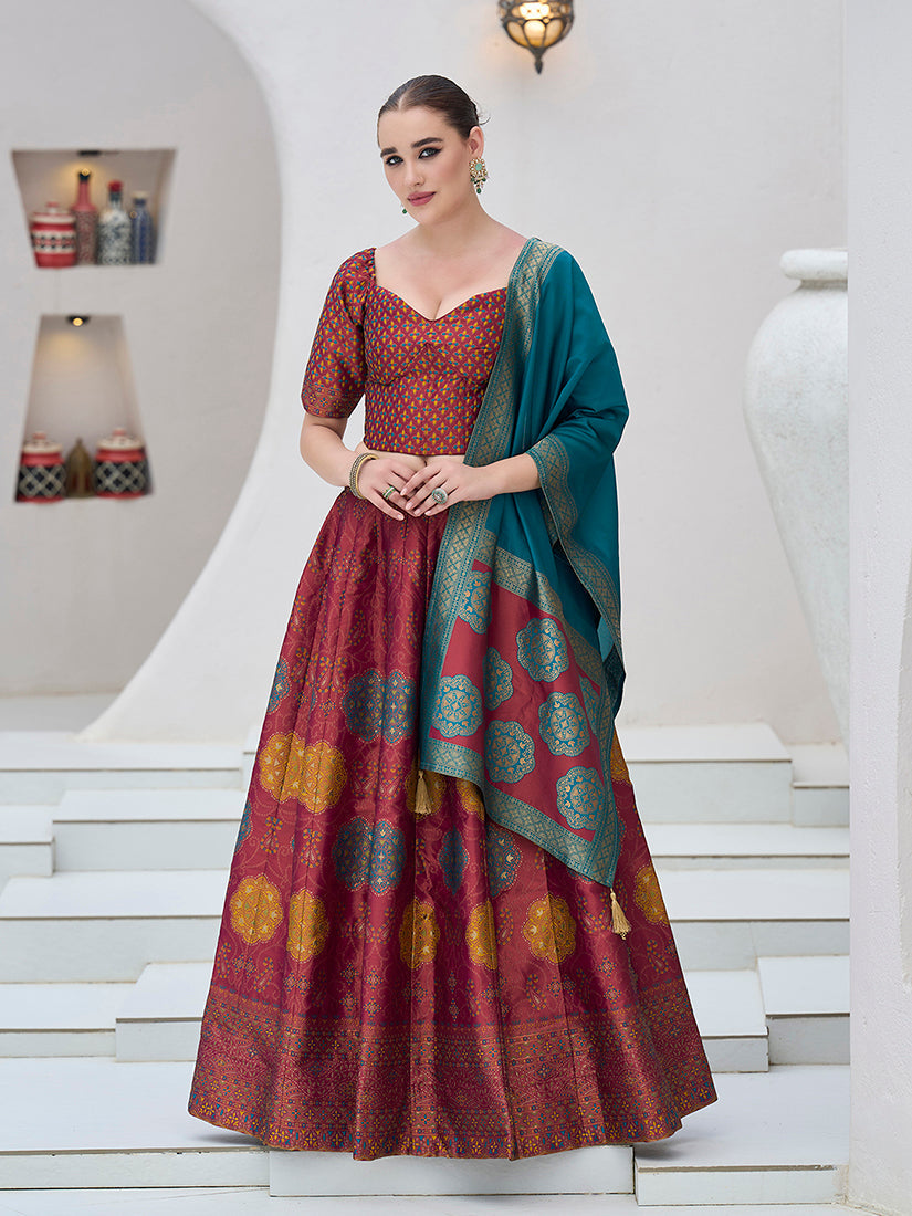 Monjolika Fashion Maroon Color Kanjivaram Silk Jacquard Designer Lehenga Choli