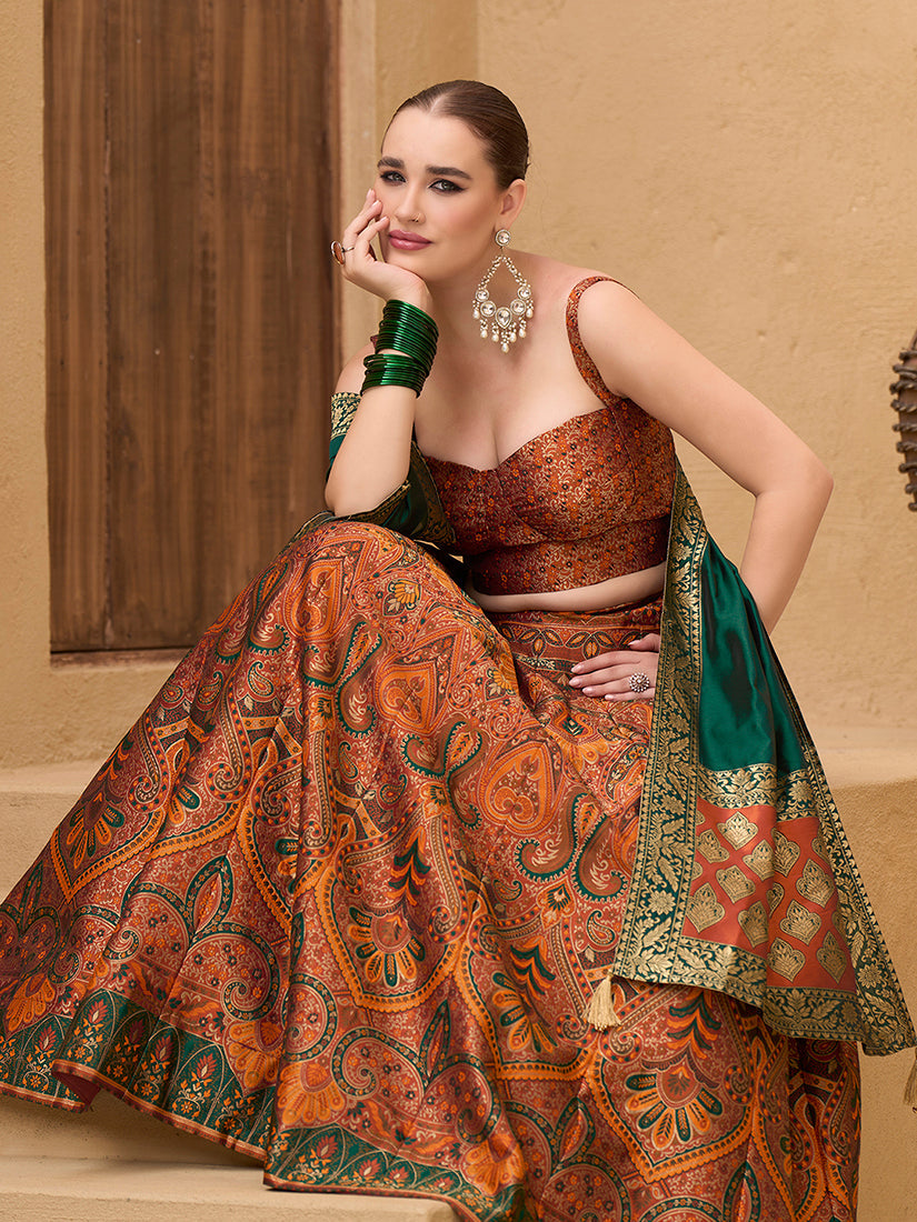 Monjolika Fashion Thread Work Jacquard Silk In Rust Orange Lehenga Choli