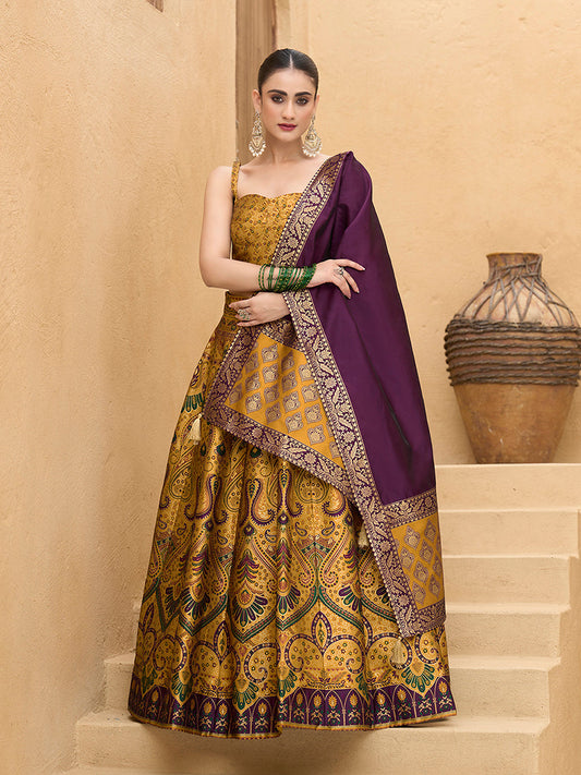 Monjolika Fashion Thread Work Jacquard Silk In Yellow Lehenga Choli
