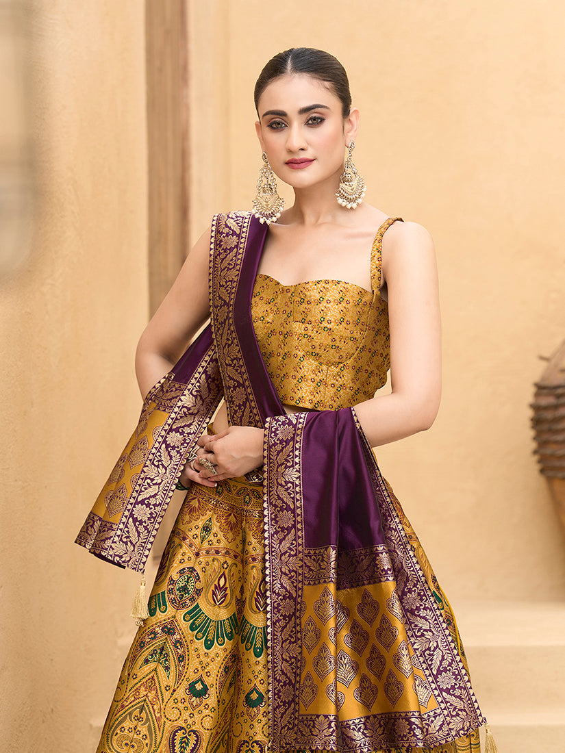 Monjolika Fashion Thread Work Jacquard Silk In Yellow Lehenga Choli