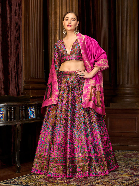 Monjolika Fashion Multi Colour Trendy Kanjivaram Jacquard Woven Work Lehenga Choli