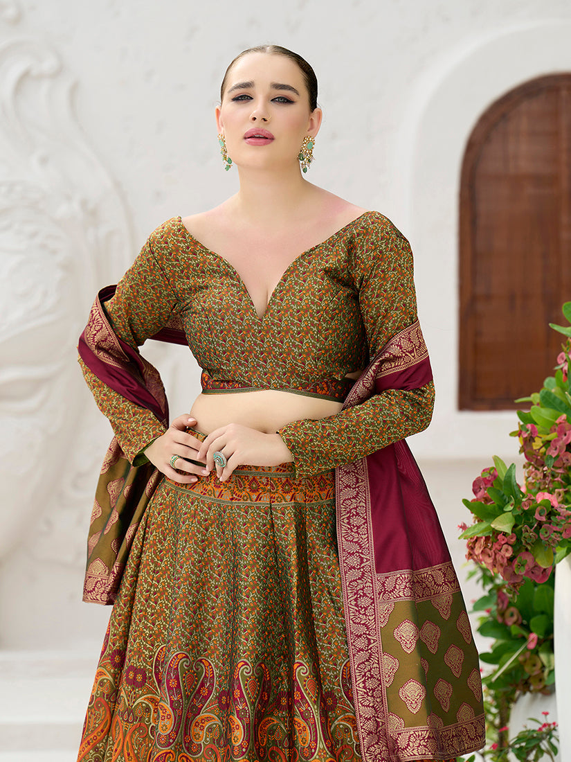 Monjolika Fashion Olive Kanjivaram Jacquard Designer Lehenga Choli For Ceremonial