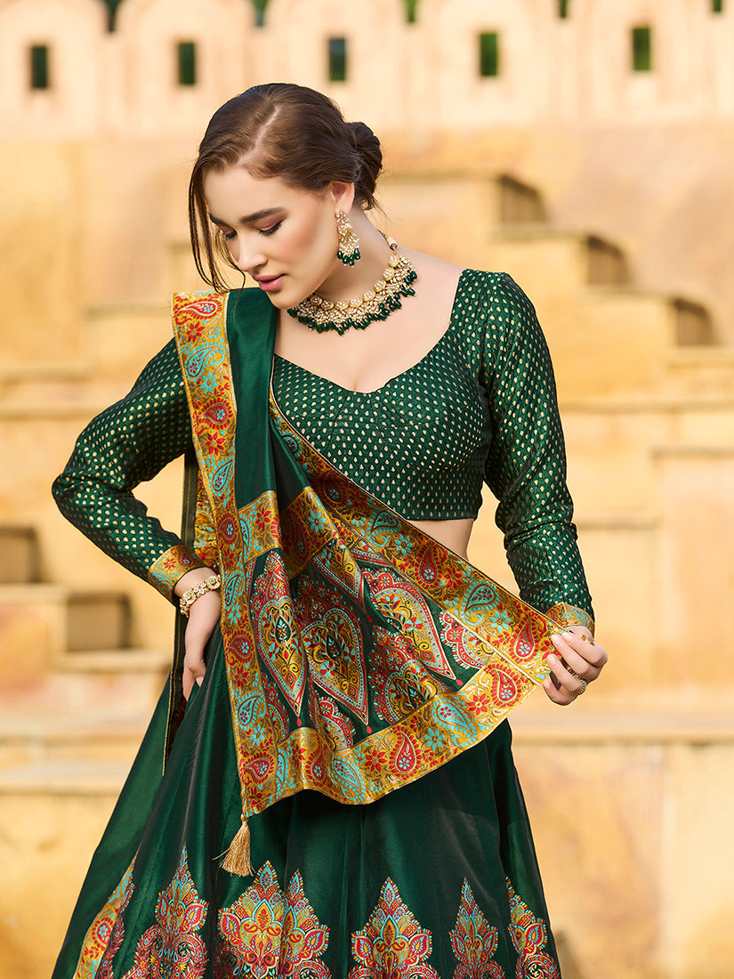 Monjolika Fashion Dark Green Color Jacquard Designer Work Lehenga Choli For Ceremonial