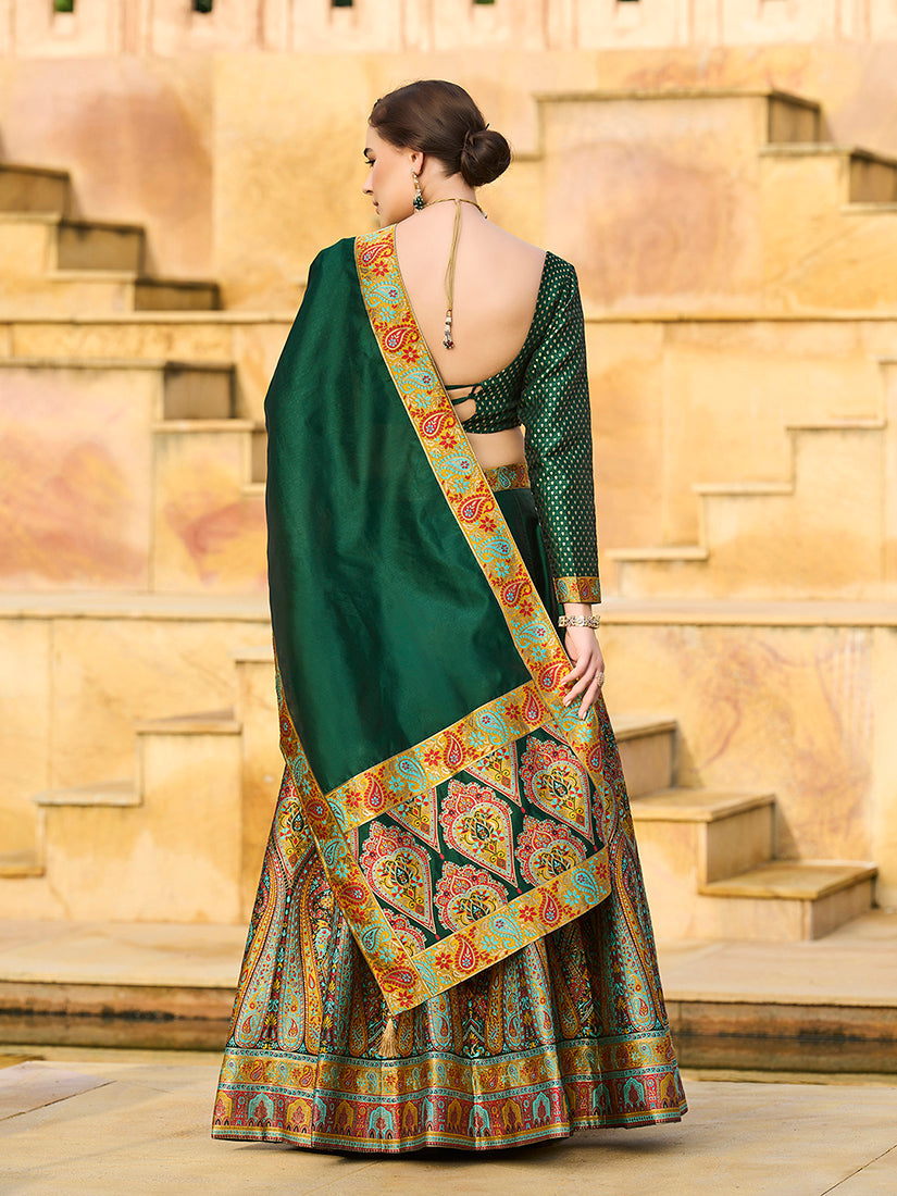 Monjolika Fashion Dark Green Color Jacquard Designer Work Lehenga Choli For Ceremonial