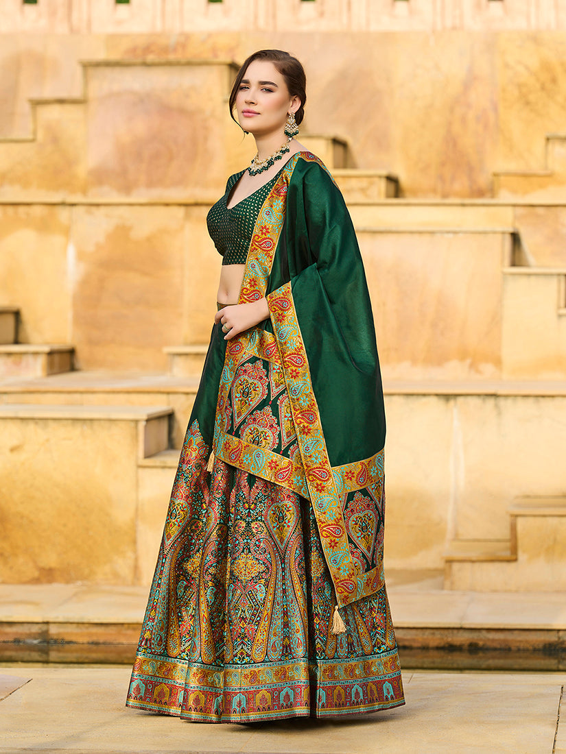 Monjolika Fashion Dark Green Color Jacquard Designer Work Lehenga Choli For Ceremonial