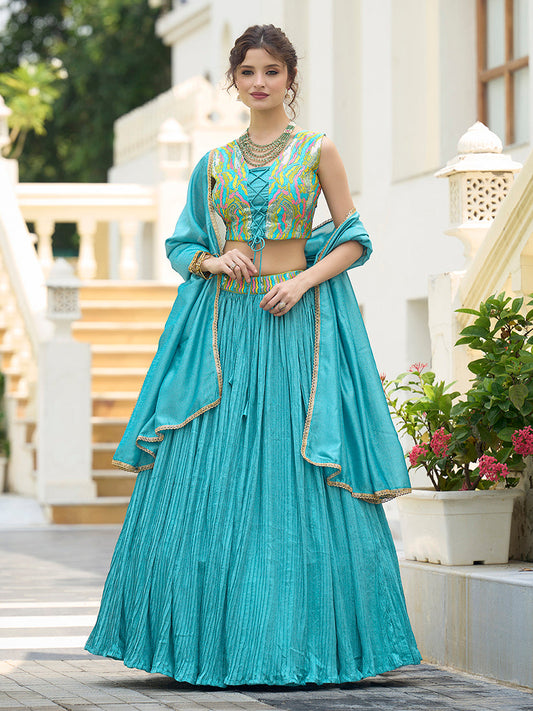 Monjolika Fashion Designer Lehenga Choli Crush Silk In Sky Blue
