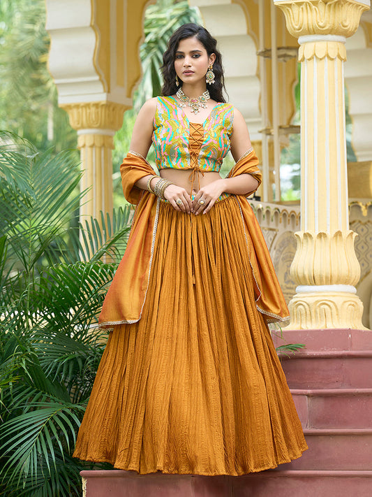Monjolika Fashion Designer Lehenga Choli Crush Silk In Mustard