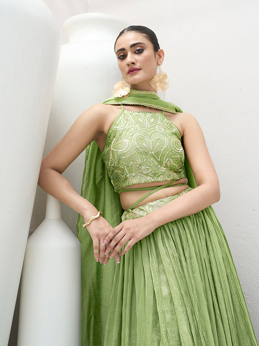 Monjolika Fashion Light Green Festive Look With Silk Crush Lehenga Choli