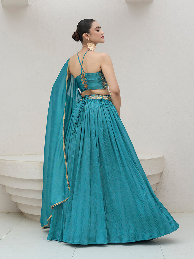 Monjolika Fashion Sky Blue Festive Look With Silk Crush Lehenga Choli