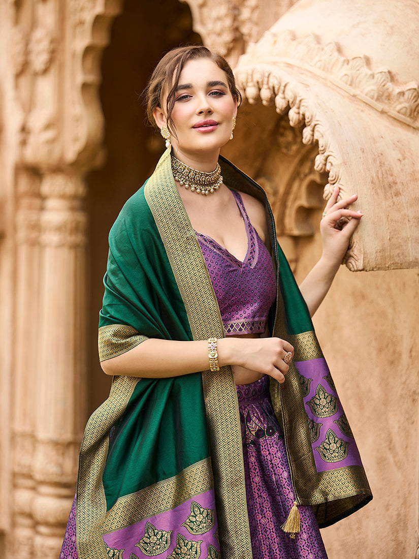 Monjolika Fashion Purple Kanjivaram Silk Jacquard Woven Trendy Lehenga Choli