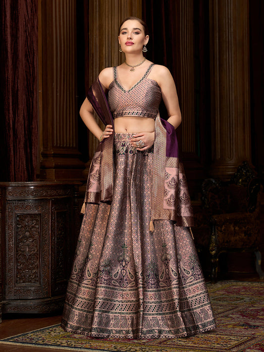Monjolika Fashion Rose Pink Kanjivaram Silk Jacquard Woven Trendy Lehenga Choli