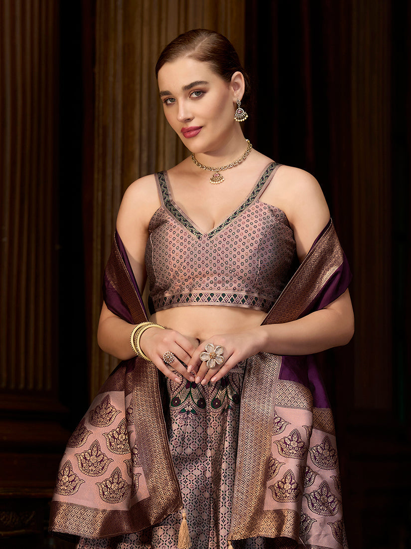 Monjolika Fashion Rose Pink Kanjivaram Silk Jacquard Woven Trendy Lehenga Choli