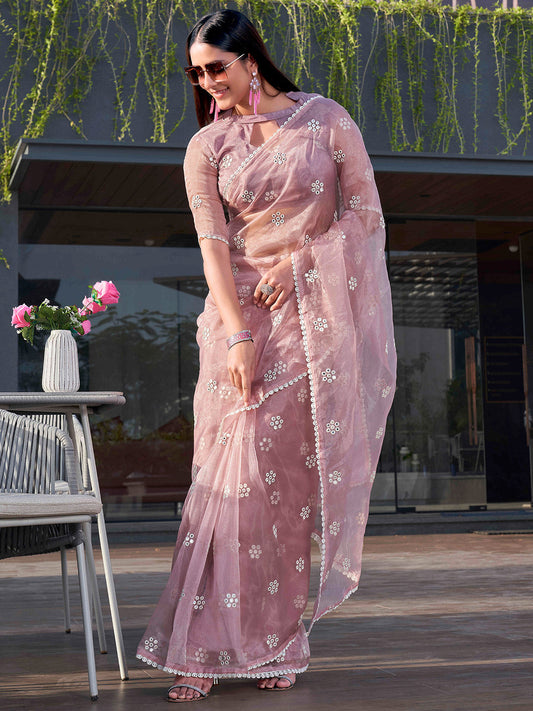 Tikhi Imli Pink Floral Embroidered Mirror Work Organza Grab2Buy 