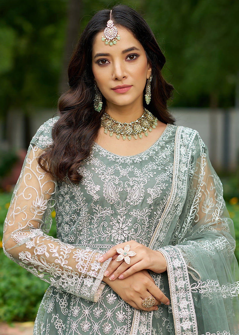 Monjolika Fashion Sea Green Embroidered Net Designer Anarkali Gown