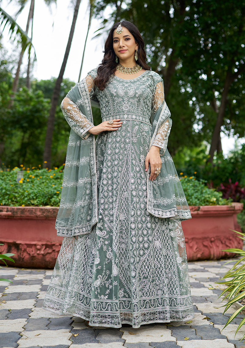 Monjolika Fashion Sea Green Embroidered Net Designer Anarkali Gown