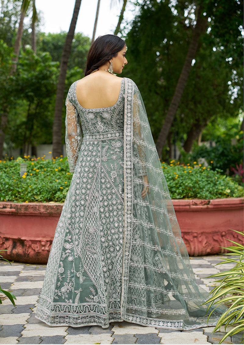 Monjolika Fashion Sea Green Embroidered Net Designer Anarkali Gown