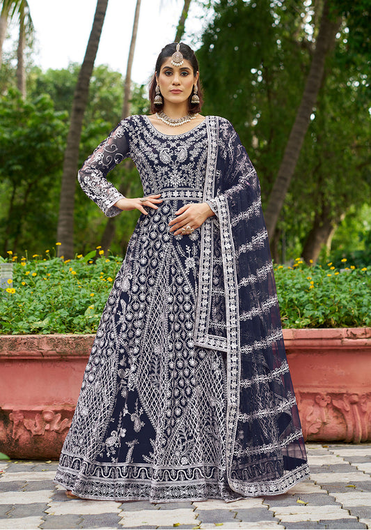 Monjolika Fashion Navy Blue Embroidered Net Designer Anarkali Gown