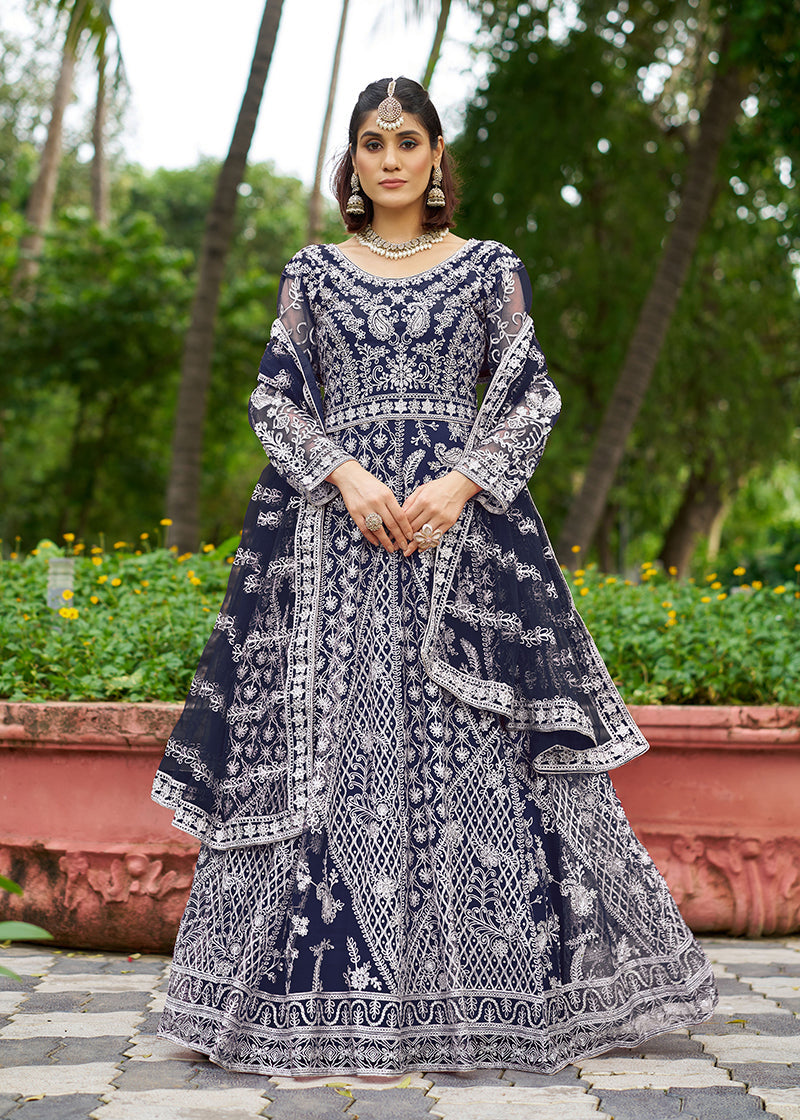 Monjolika Fashion Navy Blue Embroidered Net Designer Anarkali Gown