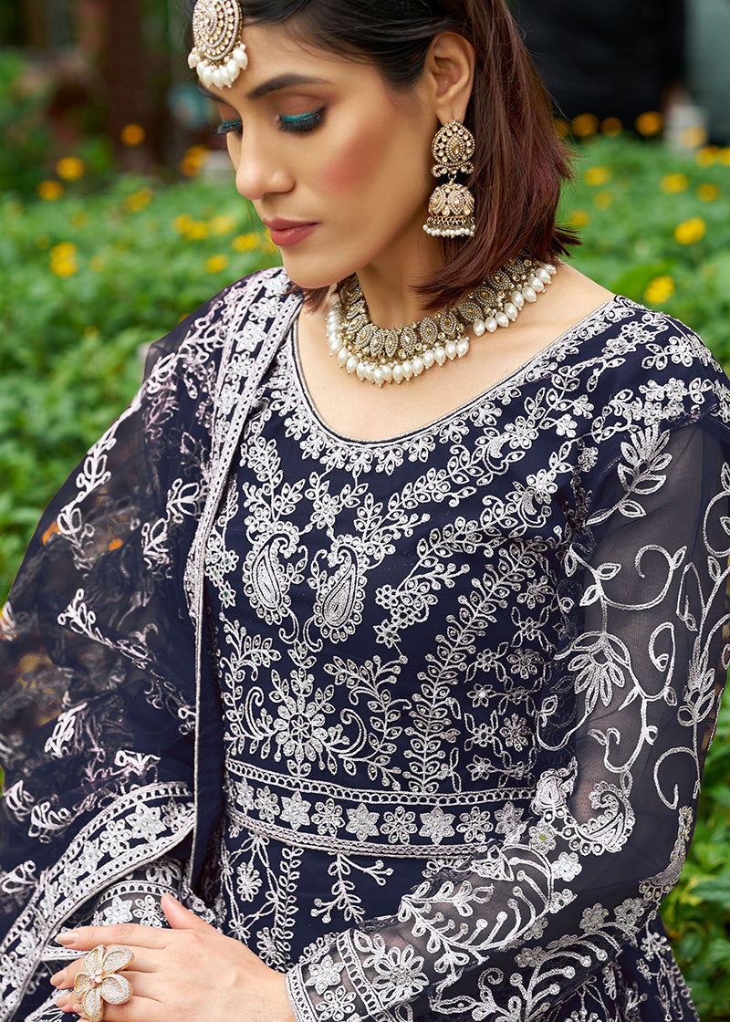 Monjolika Fashion Navy Blue Embroidered Net Designer Anarkali Gown