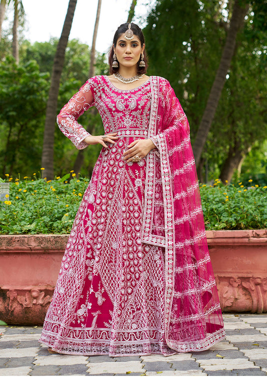Monjolika Fashion Rani Pink Embroidered Net Designer Anarkali Gown