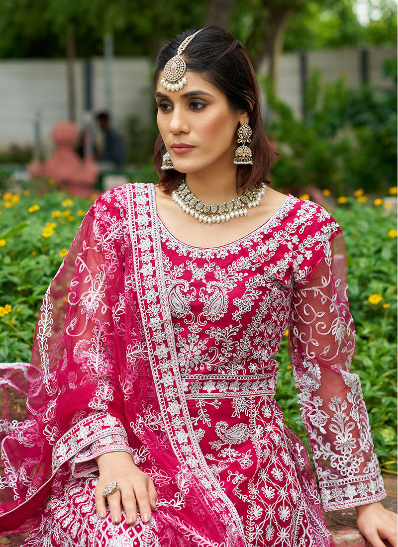 Monjolika Fashion Rani Pink Embroidered Net Designer Anarkali Gown