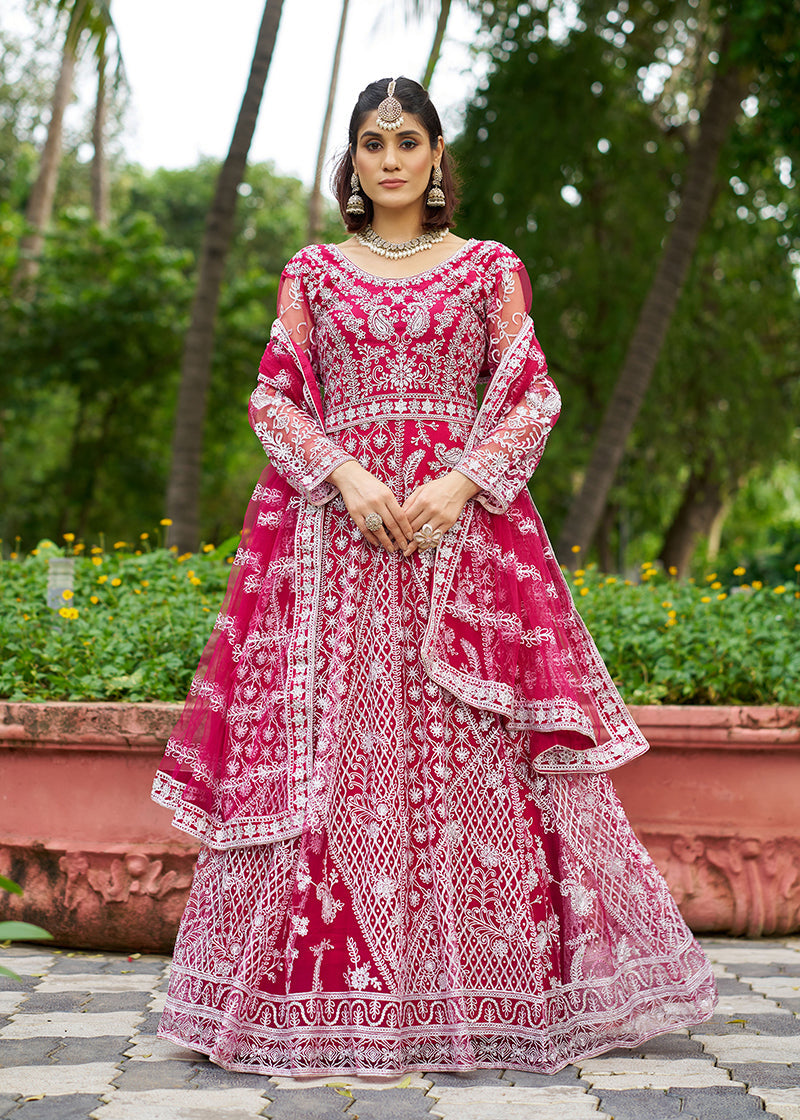 Monjolika Fashion Rani Pink Embroidered Net Designer Anarkali Gown