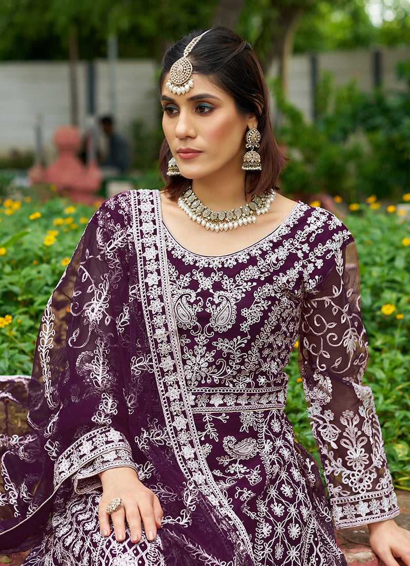 Monjolika Fashion Dark Purple Embroidered Net Designer Anarkali Gown