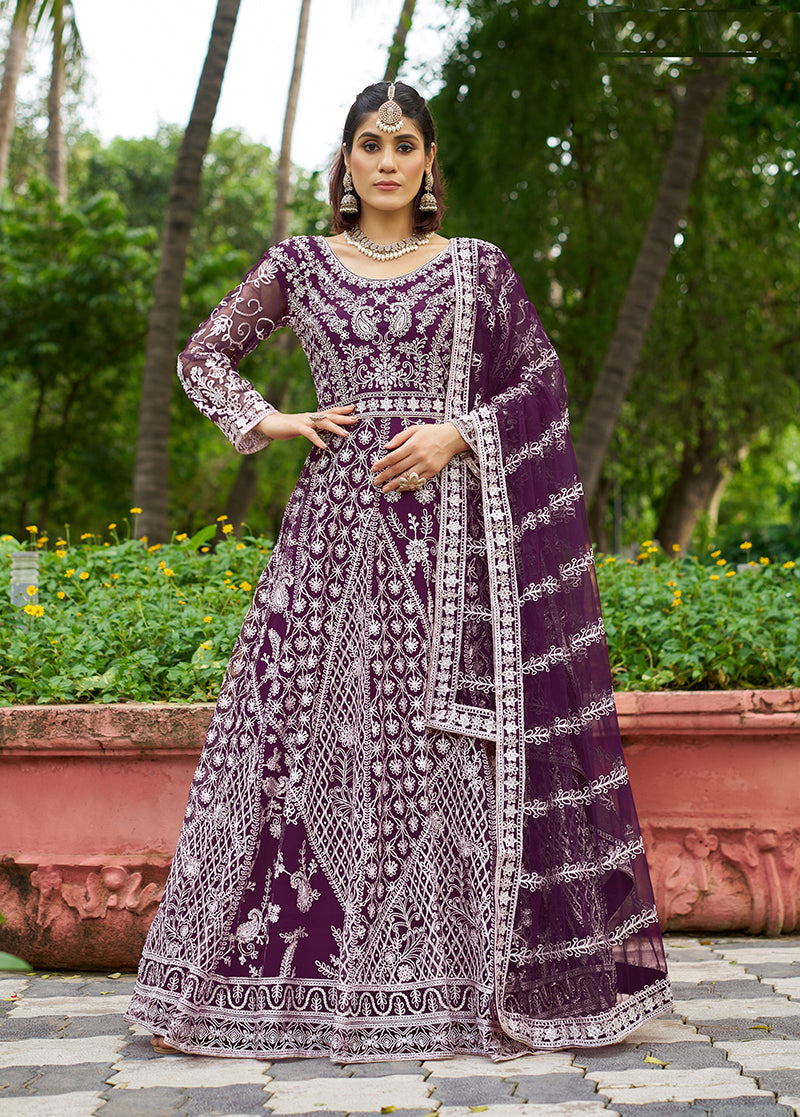 Monjolika Fashion Dark Purple Embroidered Net Designer Anarkali Gown