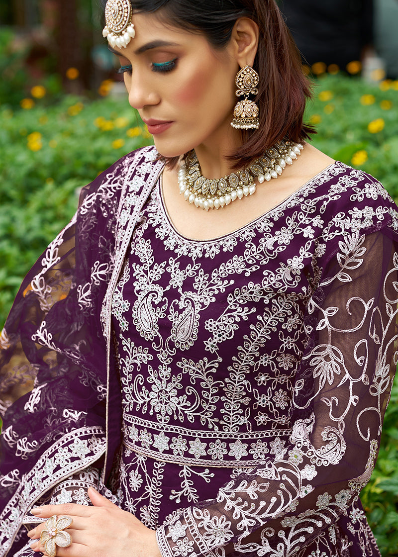 Monjolika Fashion Dark Purple Embroidered Net Designer Anarkali Gown