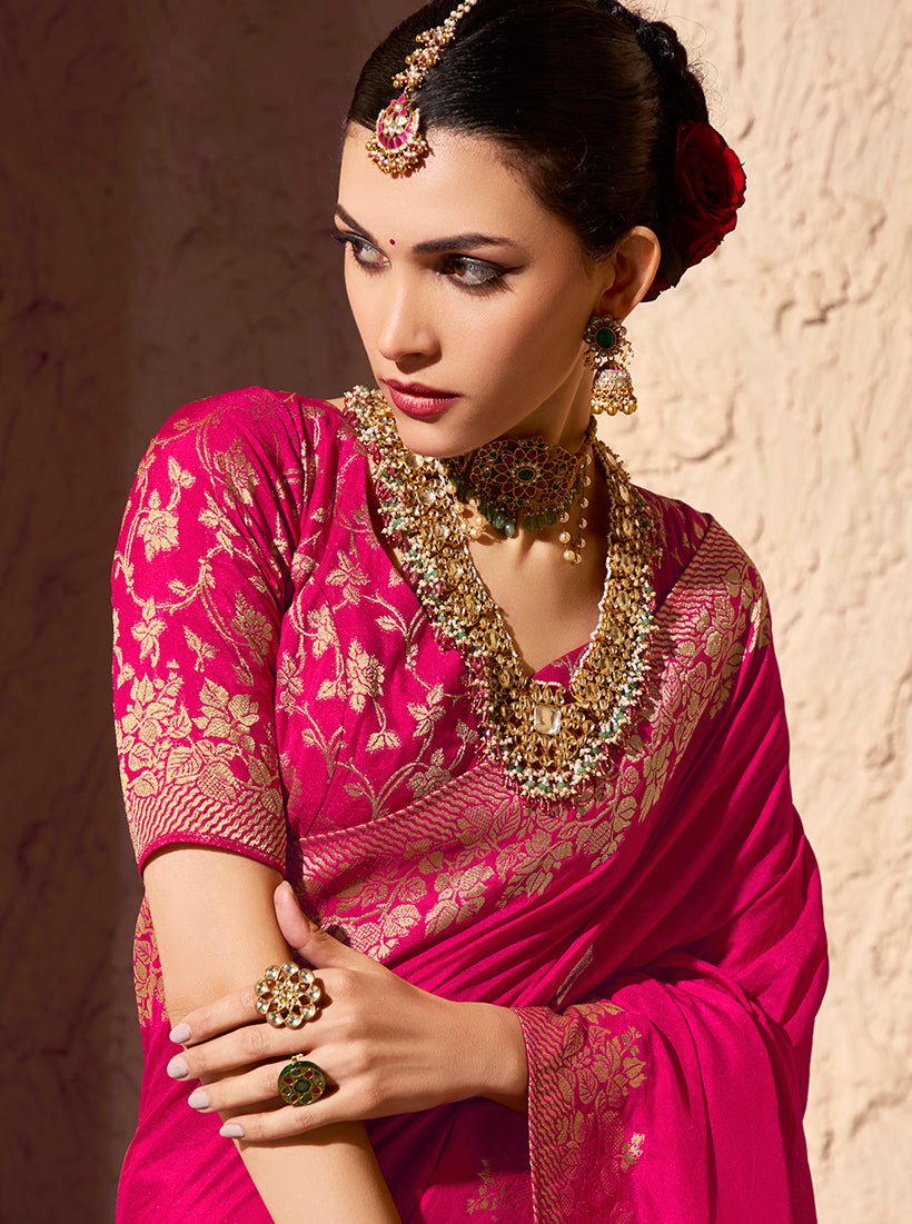 Monjolika Fashion Rani Pink Crepe Georgette Zari Weaving Work Saree