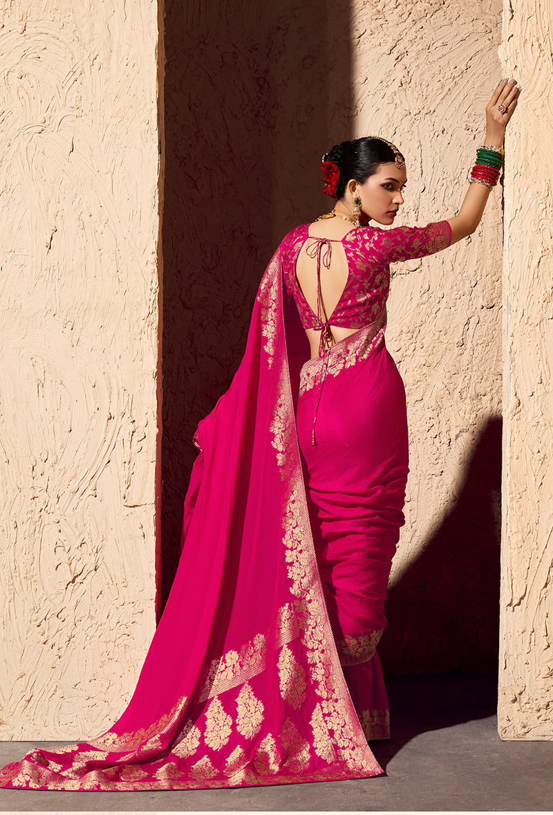 Monjolika Fashion Rani Pink Crepe Georgette Zari Weaving Work Saree