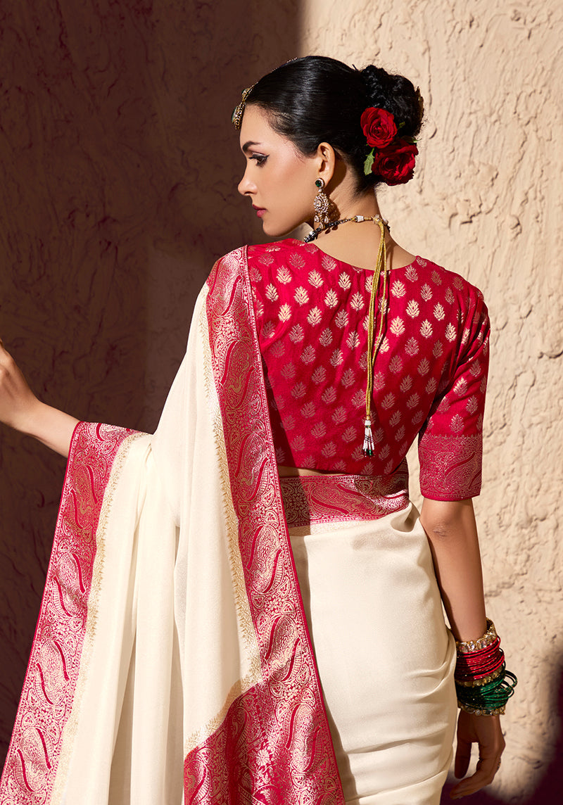 Monjolika Fashion Off White Crepe Georgette Zari Weaving Work Saree