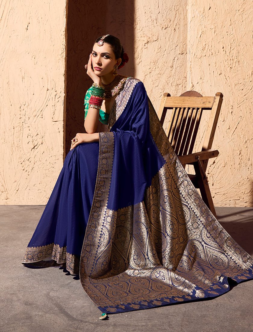 Monjolika Fashion Navy Blue Crepe Georgette Zari Weaving Work Saree