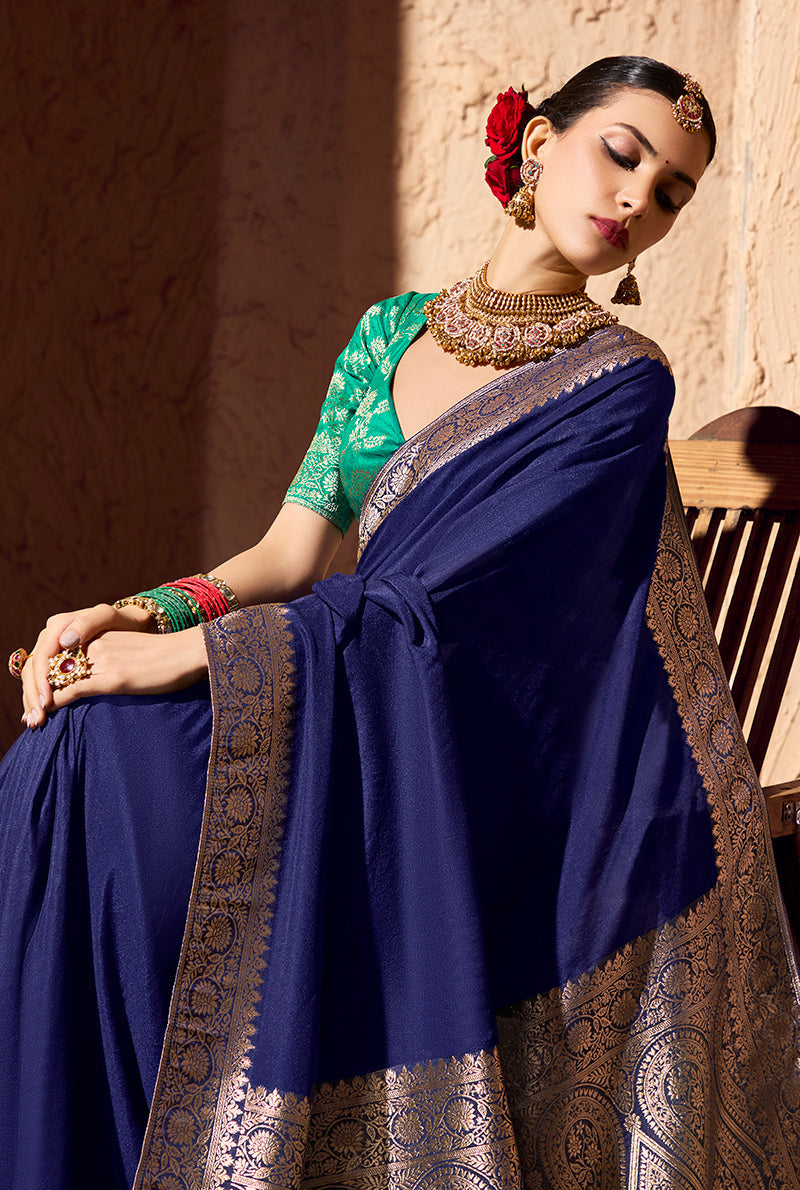 Monjolika Fashion Navy Blue Crepe Georgette Zari Weaving Work Saree