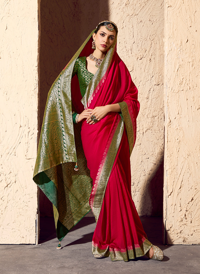 Monjolika Fashion Red Crepe Georgette Zari Weaving Work Saree