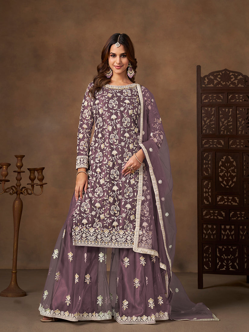 Monjolika Fashion Net Embroidered Lilac Salwar Kameez