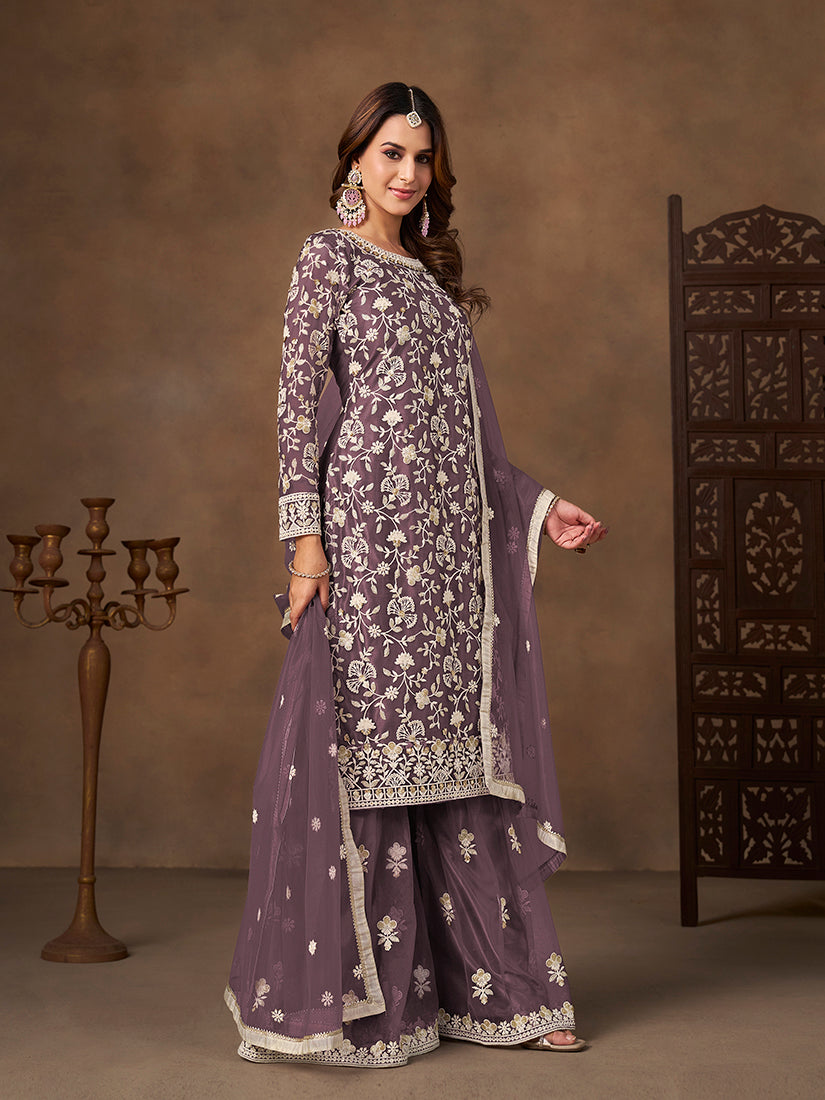 Monjolika Fashion Net Embroidered Lilac Salwar Kameez