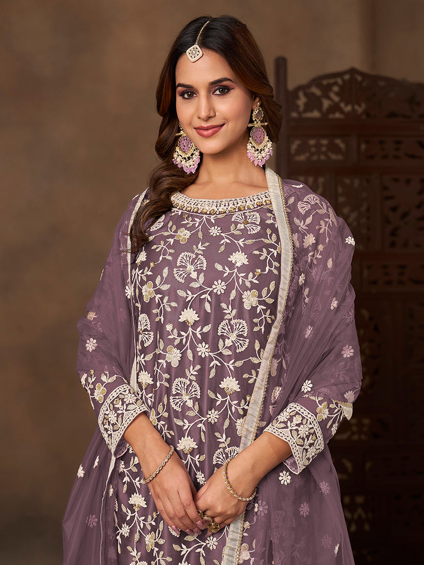 Monjolika Fashion Net Embroidered Lilac Salwar Kameez
