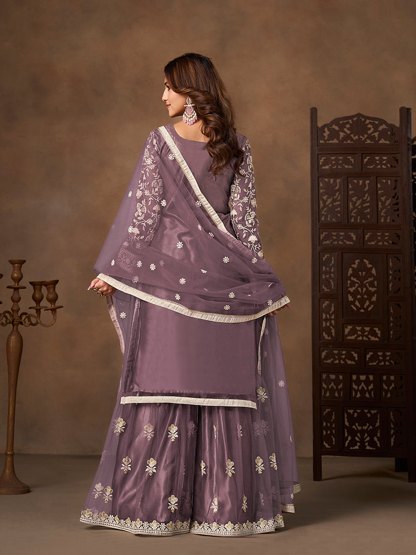 Monjolika Fashion Net Embroidered Lilac Salwar Kameez