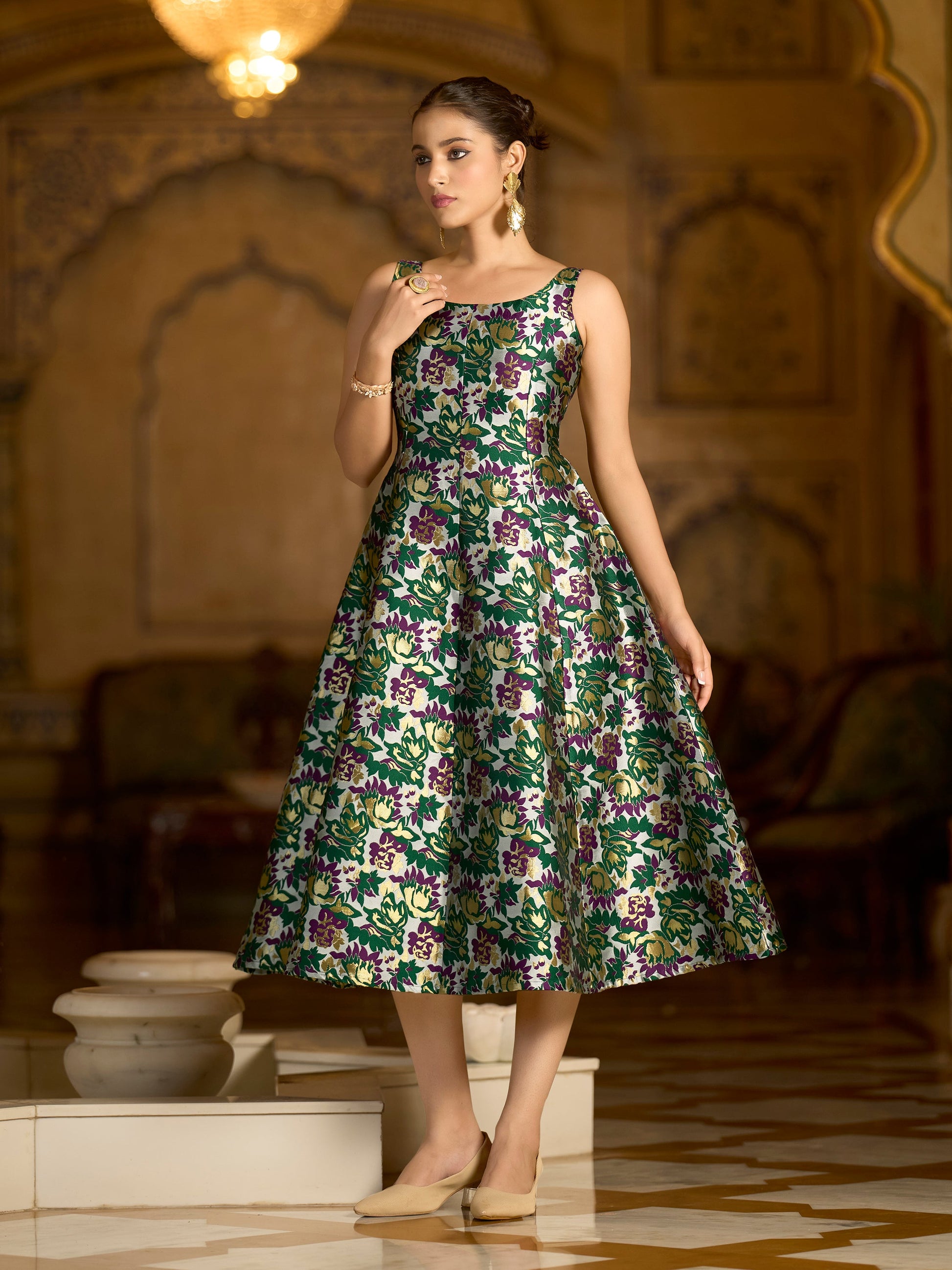 Monjolika Fashion Green Jacquard Woven Floral Fit & Flare Midi Dress