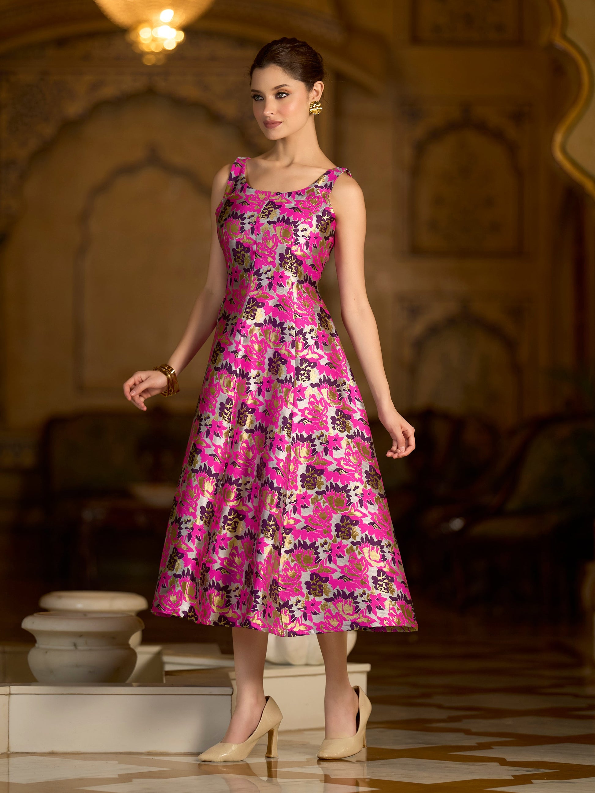 Monjolika Fashion Pink Jacquard Woven Floral Fit & Flare Midi Dress